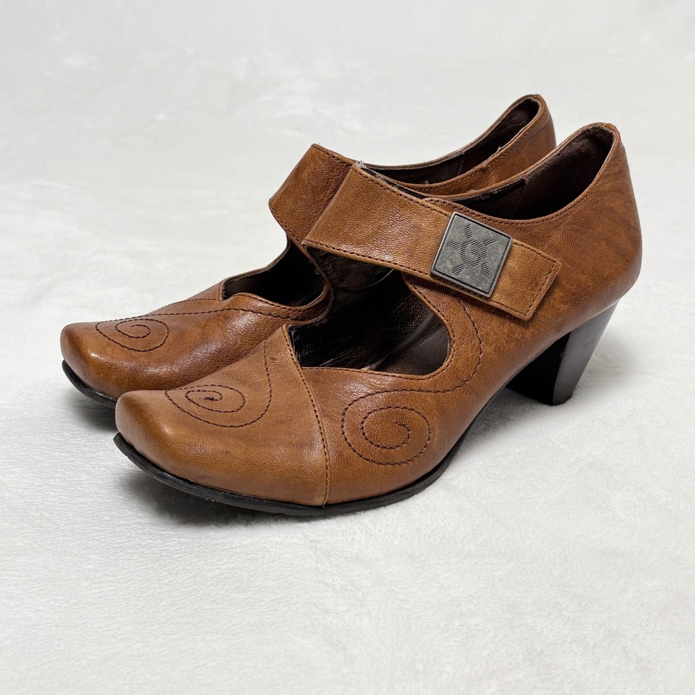 Fidji Brown Leather Swirl Mary Jane Heels Dark Academia Indie Sz 38 7.5 Artsy